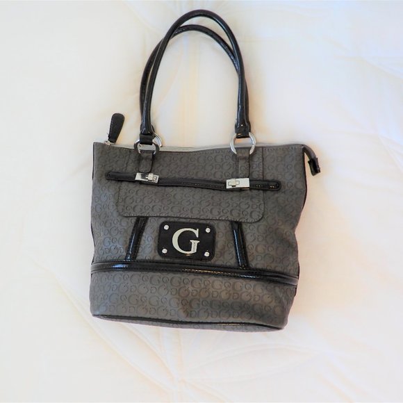 Authentic GUESS Gray Handbag with Black Paten - Picture 1 of 12